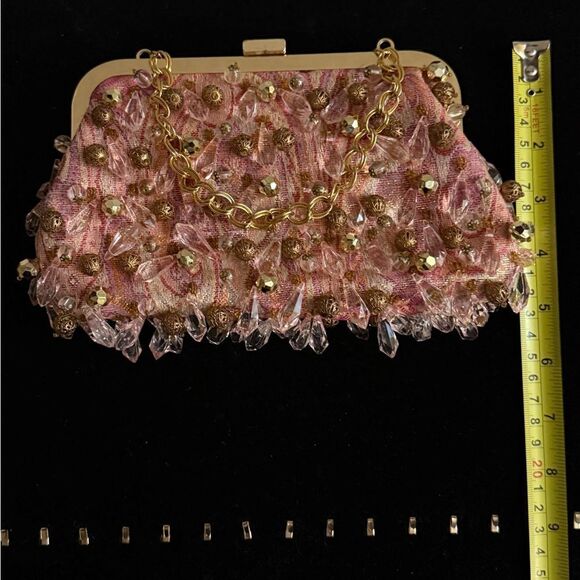 Rafe evening pink & silver jacquard.kiss lock purse clutch w beading VINTAGE - Picture 8 of 13
